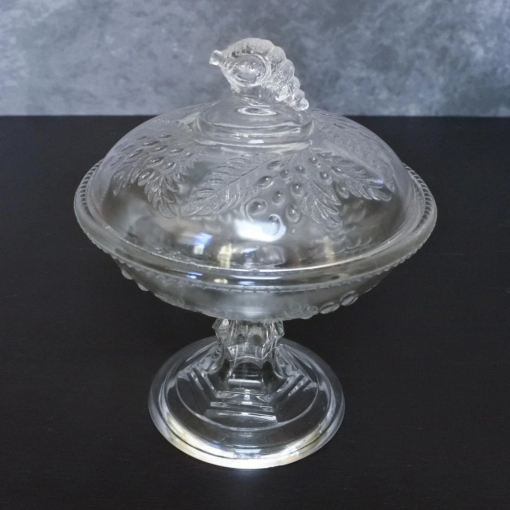Antique 1870s McKee & Bros American Pressed Glass Barberry Covered Tall Compote